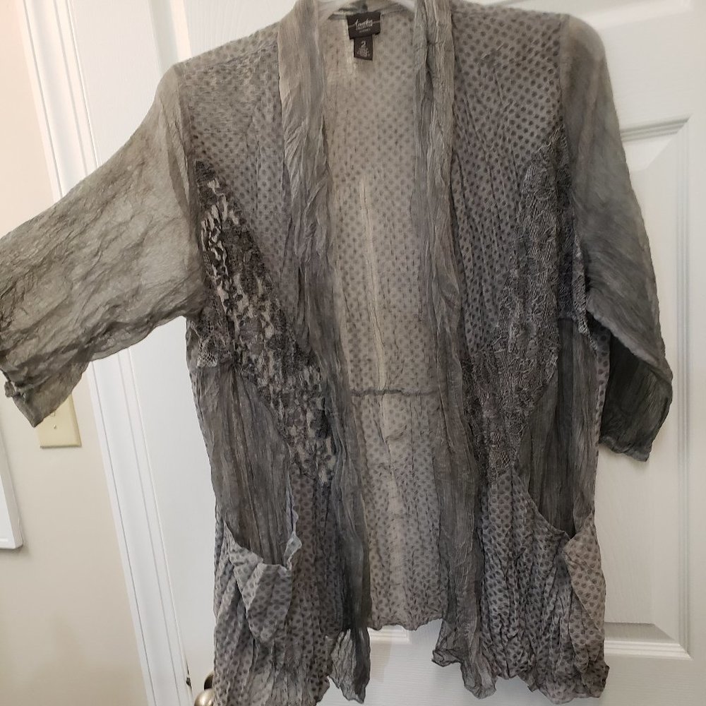 Travelers Collection by Chico, grey mix media, lace, open front drape cardigan